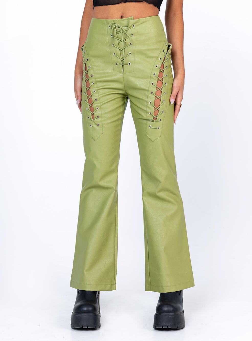 Princess Polly Harvey Pu Pants Faux leather Lace Up Green - US 0